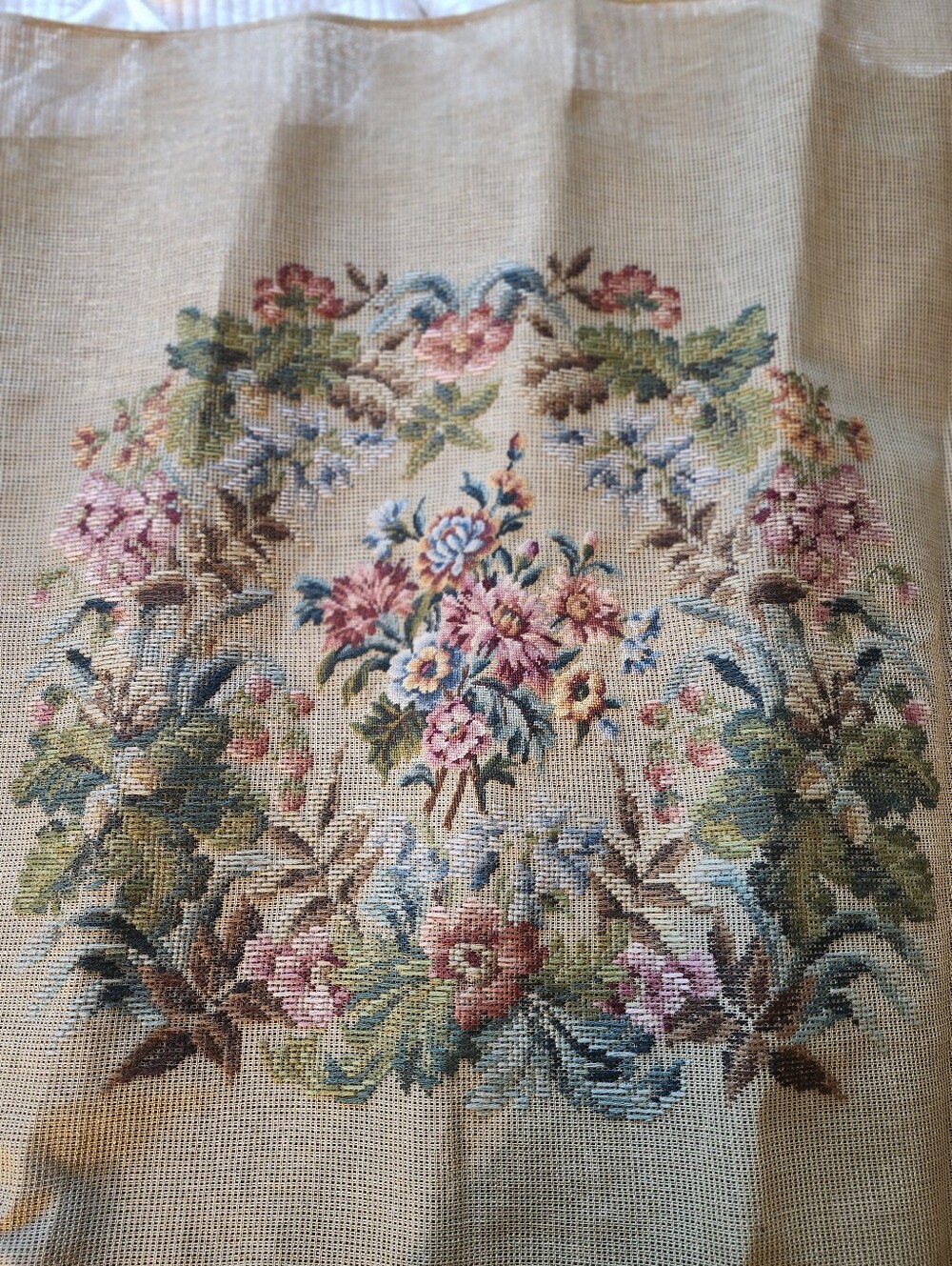 Vintage Floral Needlepoint Wall Hanging in Beige with Pink & Green Accents